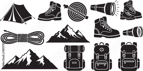 Black and white camping and hiking gear icons