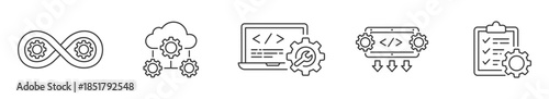 Devops Icons set. software development, infrastructure, deployment, and monitoring projects concept icon, vector illustration . 
