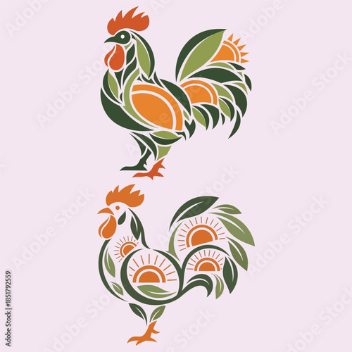 Stylized roosters with botanical and sun patterns