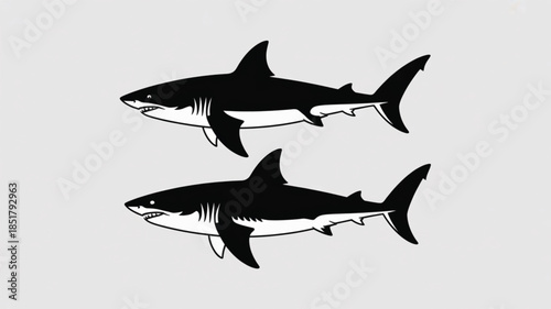 Two High-Contrast Black and White Graphic Illustrations of Great White Sharks for Marine Biology Education, Ocean Conservation Branding, and Predator-Themed Sports Logos.