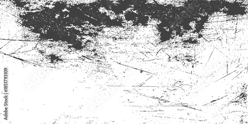 Vintage black and white grunge background with a rough textured ink effect on a dirty gray paper surface featuring an old wall pattern and artistic paint border