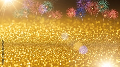 Dazzling fireworks explode above a shimmering gold glitter landscape, a radiant backdrop perfect for joyful celebrations and festive holiday events and happy new year
