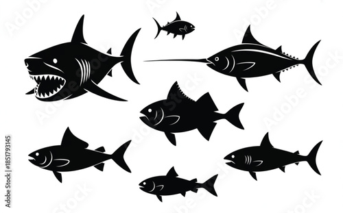 Diverse Set of Eight Black Silhouettes Featuring Sharks, Swordfish, and Large Game Fish for Marine Biology, Sport Fishing, and Ocean Conservation Graphics.