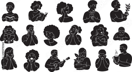 Diverse people expressing various relaxed feelings