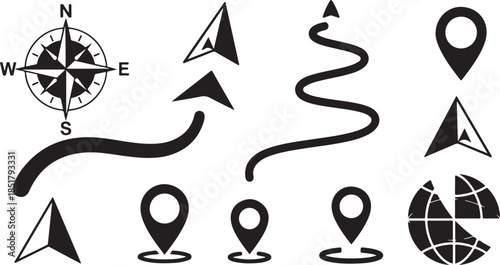 Map navigation and location marker icons set