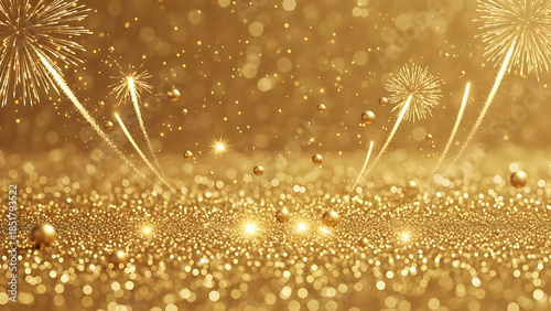 Golden Glittering Background with Festive Fireworks and Sparkling Lights