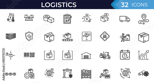 Logistics line editable icon set for shipping and delivery operations. Cargo, distribution, supply chain, freight, export and import outline vector icons