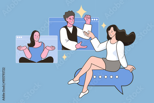 Online video conference and virtual meeting concept. Happy woman sitting on blue chat speech bubble talking with friends on computer browser screen. Vector illustration for remote work and team.