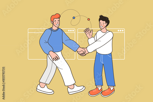 Online business partnership and digital deal concept. Two happy men shaking hands with web browser window background. Vector illustration for remote agreement, teamwork, connection and success.