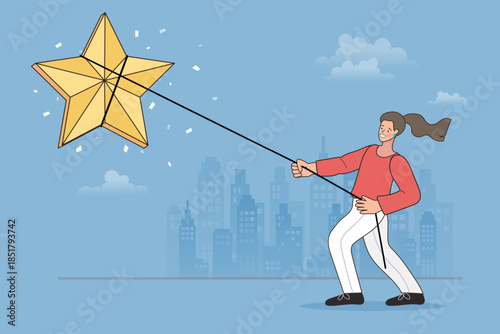 Business ambition and dream achievement concept. Happy woman pulling down giant golden star from sky with rope over city background. Vector illustration for success goal, motivation and leadership.