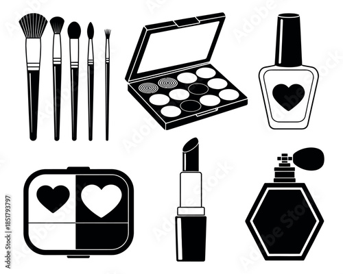 A collection of stylized black and white icons depicting makeup and beauty products.