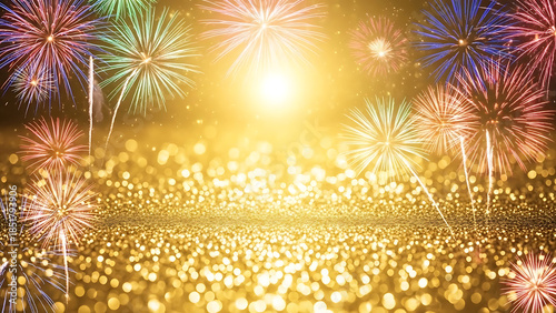 Bright festive fireworks illuminating the night sky above a sparkling golden bokeh background celebrating a special occasion