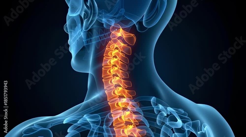 Neck and Cervical Spine Human Anatomy X-ray Style 3D Medical Illustration. Detailed visualization of cervical vertebrae, highlighting neck pain and Cervical Spine disorders, arthritis, osteochondrosis