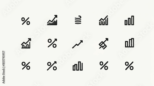 black and white icons of graphs and percentages