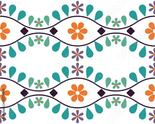 A colorful and festive repeating pattern with floral and teardrop motifs.