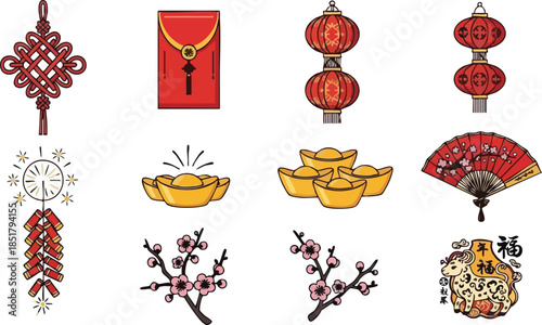 A flat lay of various traditional Chinese New Year decorations and symbols including lanterns, gold coins, and blossoming branches against a clean white background.