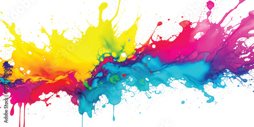 Abstract Vibrant Horizontal Rainbow Paint Splash With Multi-Color Ink Splatter & Liquid Drips on White. Dynamic Art for Creative Branding & Modern Graphic Design.