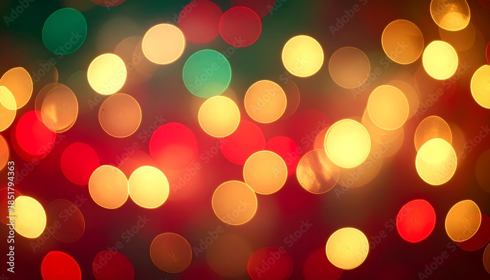 Fototapeta premium Glowing colorful bokeh circles create an abstract Christmas background with blurred bright lights and shiny yellow holiday decorations for a festive night celebration
