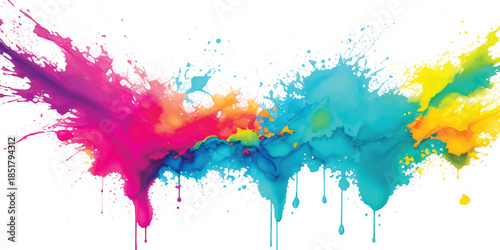 Abstract Vibrant Horizontal Rainbow Paint Splash With Multi-Color Ink Splatter & Liquid Drips on White. Dynamic Art for Creative Branding & Modern Graphic Design.