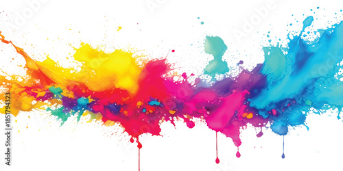 Abstract Vibrant Horizontal Rainbow Paint Splash With Multi-Color Ink Splatter & Liquid Drips on White. Dynamic Art for Creative Branding & Modern Graphic Design.