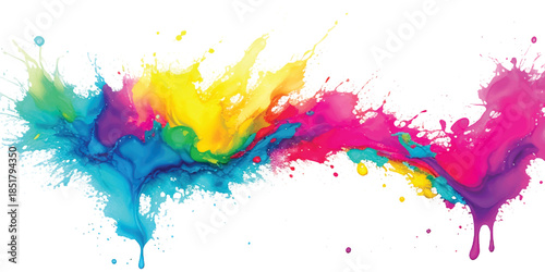 Abstract Vibrant Horizontal Rainbow Paint Splash With Multi-Color Ink Splatter & Liquid Drips on White. Dynamic Art for Creative Branding & Modern Graphic Design.