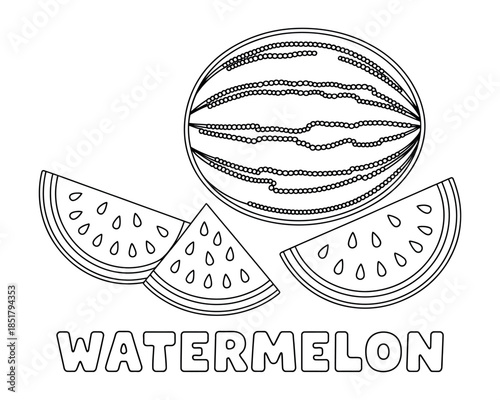 A black and white illustration of a whole watermelon and three slices with the word 'WATERMELON' below.