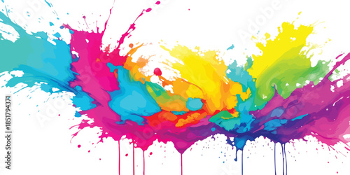 Abstract Vibrant Horizontal Rainbow Paint Splash With Multi-Color Ink Splatter & Liquid Drips on White. Dynamic Art for Creative Branding & Modern Graphic Design.