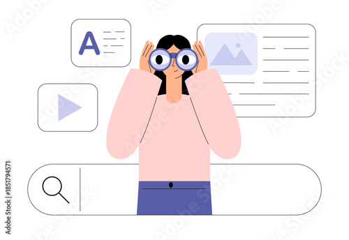 Search concept. Cartoon character with search bar. Woman with binoculars looking for information. Surfing the Internet, website, online company. Search panel in the browser. Flat vector illustration