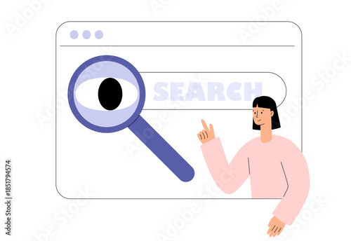 Search concept. Eye looking through magnifying glass. Cartoon character with search bar. Surfing the Internet, website, online company. Search panel in the browser. Flat vector illustration