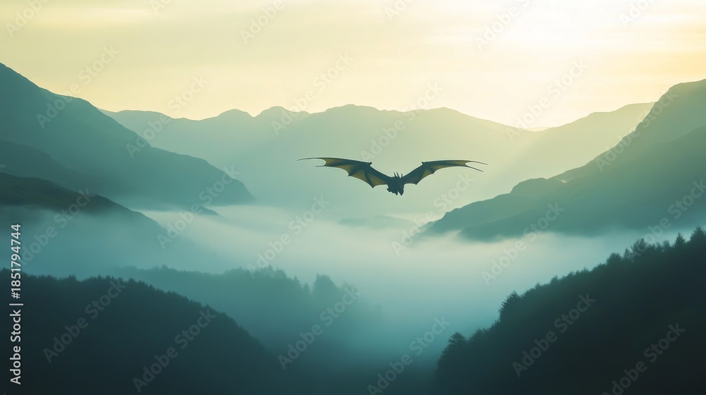 Fototapeta premium A bat soars gracefully over misty mountains at dawn. Natural beauty and wildlife unite in this captivating scene. Experience the serenity of nature. Generative AI