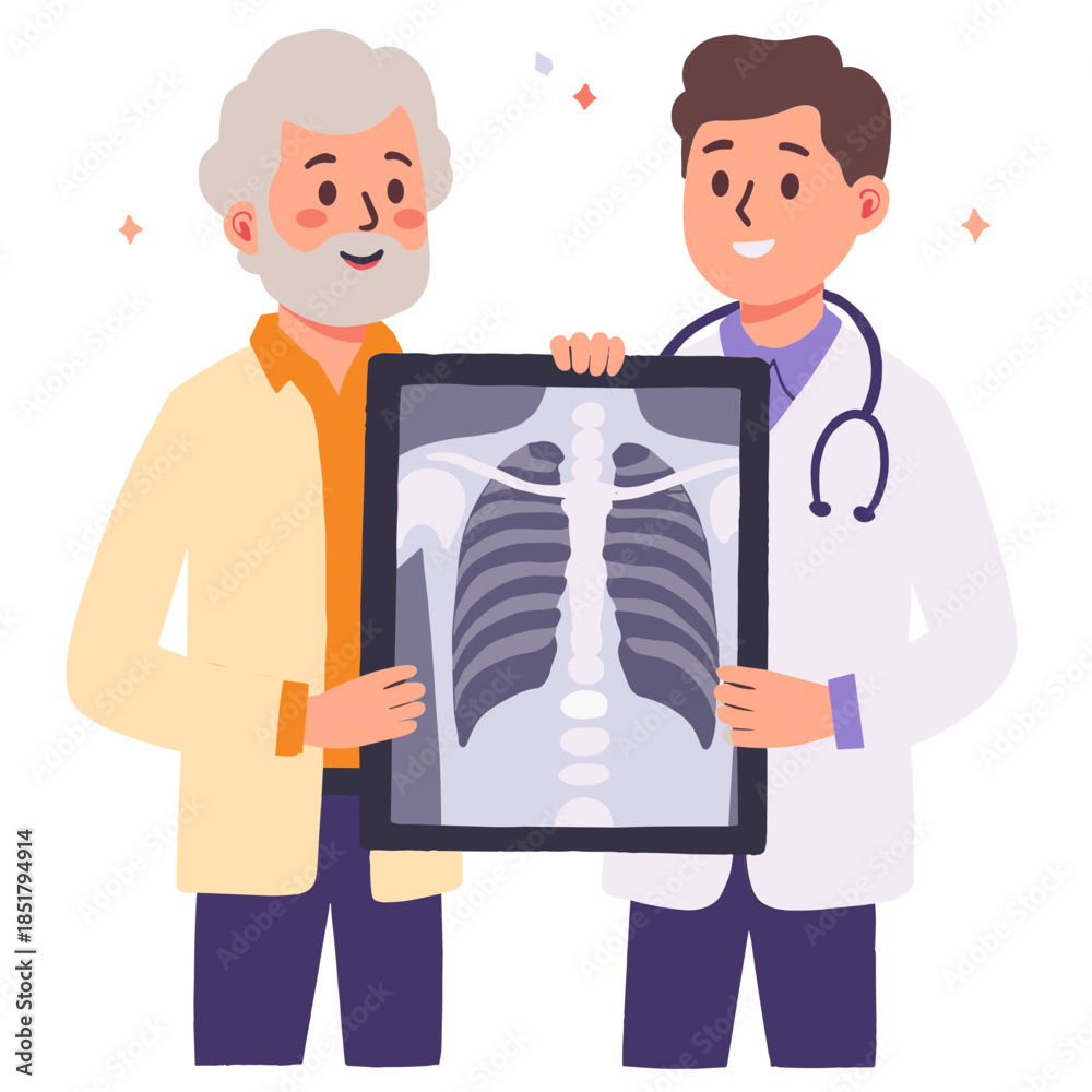 Fototapeta premium Elderly man holding x-ray. Senior showing chest x-ray. Doctor examining x-ray result. Older patient reviewing diagnosis. Elderly set