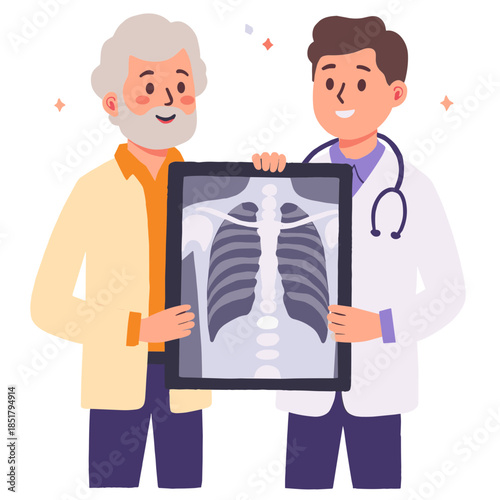 Elderly man holding x-ray. Senior showing chest x-ray. Doctor examining x-ray result. Older patient reviewing diagnosis. Elderly set