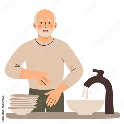 Elderly man washing dishes. Senior cleaning kitchen sink. Older man doing household chores. Elderly maintaining cleanliness. Elderly set
