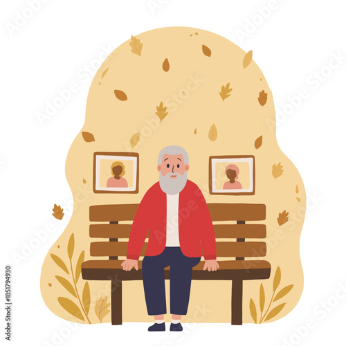 Elderly man with framed photo. Senior looking at old picture. Older man remembering loved ones. Elderly nostalgic moment at home. Elderly set