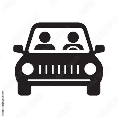 Car with Driver and Passenger, Black and White Vehicle Transportation Sign