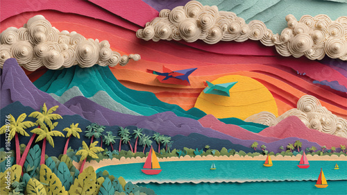 colorful paper cutout artwork of tropical island landscape with beach and sailboats