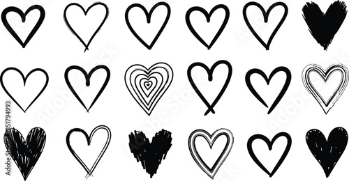 A collection of eighteen hand-drawn hearts is arranged across a white background