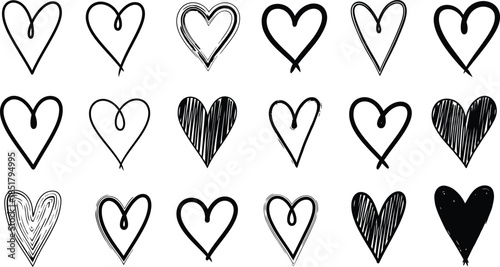 A collection of eighteen hand-drawn hearts is arranged across a white background