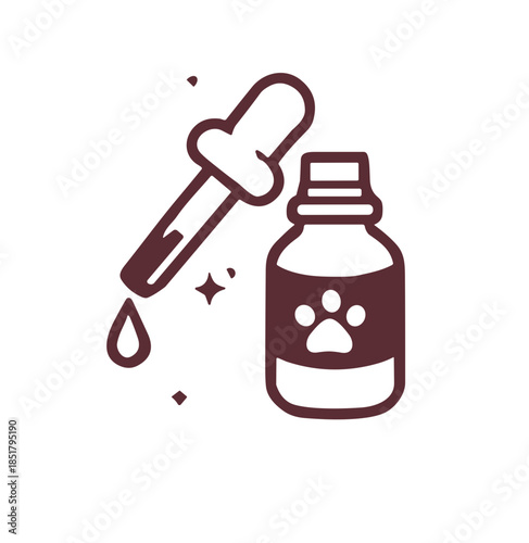 Valentine pet medicine dropper icon with paw bottle in burgundy