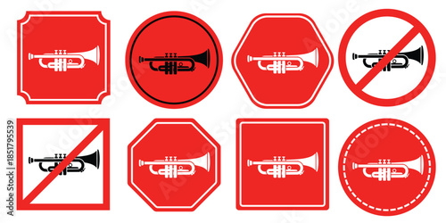 Red and white traffic signs with trumpet symbols on white background
