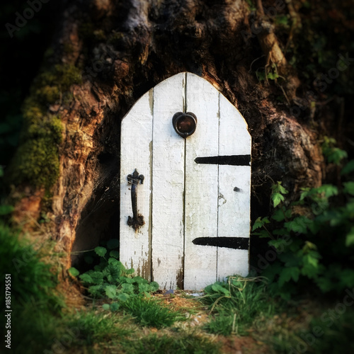 Woodland fairy door, a miniature door among the trees, creates a sense of mystery and wonder in the natural forest environment.