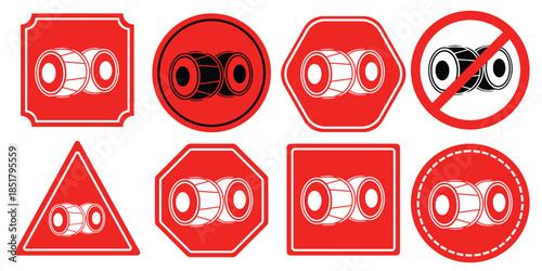 Red traffic signs with binoculars on white background