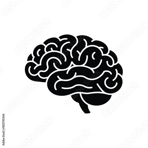 A simple black silhouette of a human brain showcasing its complex form