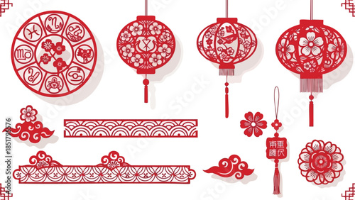Flat lay of intricately designed red Chinese New Year decorations on a white background with traditional patterns and shapes.
