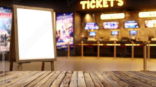 A blank whiteboard on a wooden table in a movie theater lobby with ticket counters and posters in the background for cinema or advertisement purposes.