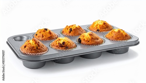 Nine Golden Muffins in Tray with Paper Liners and Chocolate Chips