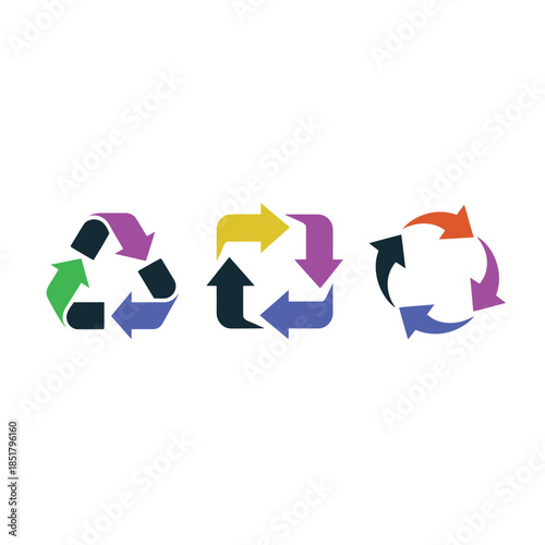 Colorful recycling symbol variations arranged in a horizontal row illustration