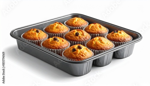 Nine Golden Muffins in Tray with Paper Liners and Chocolate Chips