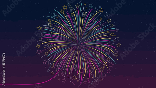 Colorful Fireworks Burst in Starry Night Sky Vector Illustration
