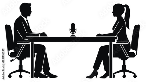 Two people sit at a table with a microphone between them.